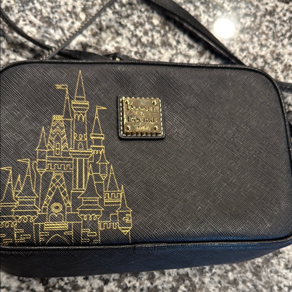 Dooney & Bourke Black and Gold Crossbody Bag with Disney Castle Design